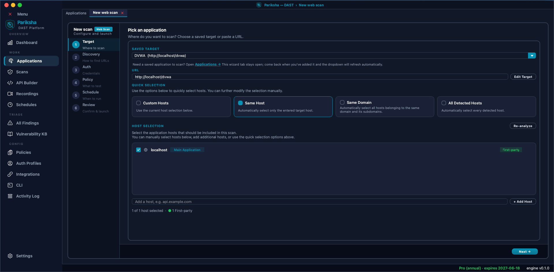 Vooki Pro new web scan wizard Step 1 Target, showing the saved target dropdown, URL field, Quick Selection options for host scope, and the host selection list with localhost marked as Main Application and First-party