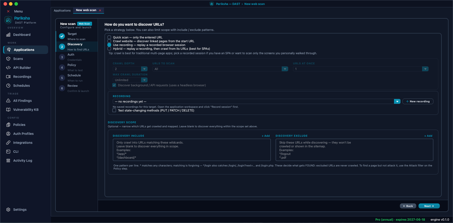 Vooki Pro new web scan wizard Step 2 Discovery, showing four discovery strategies, crawl depth, URLs to scan, URLs at once and max crawl duration controls, and discovery include and exclude pattern boxes