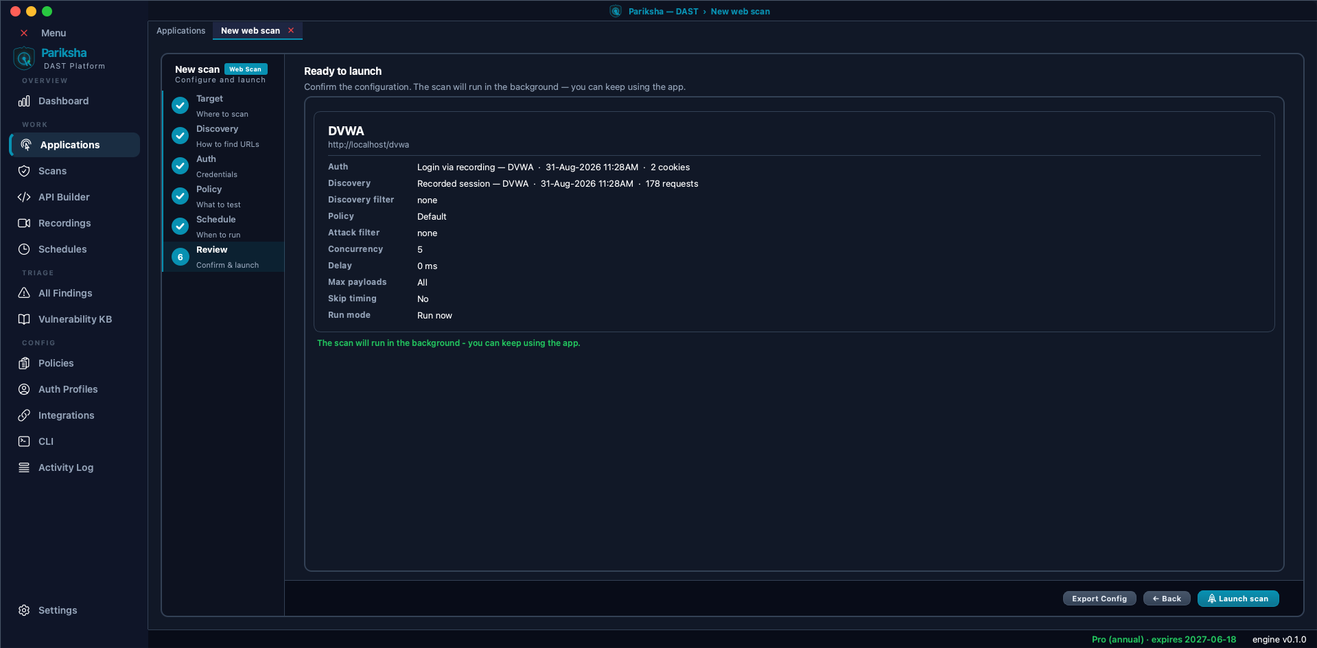 Vooki Pro new web scan wizard Step 6 Review, showing a Ready to launch summary of auth, discovery, policy, attack filter, concurrency, delay, max payloads and run mode, with Export Config and Launch scan buttons