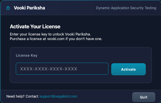 Vooki Pro licence activation dialog asking for a licence key, with Activate and Quit buttons.