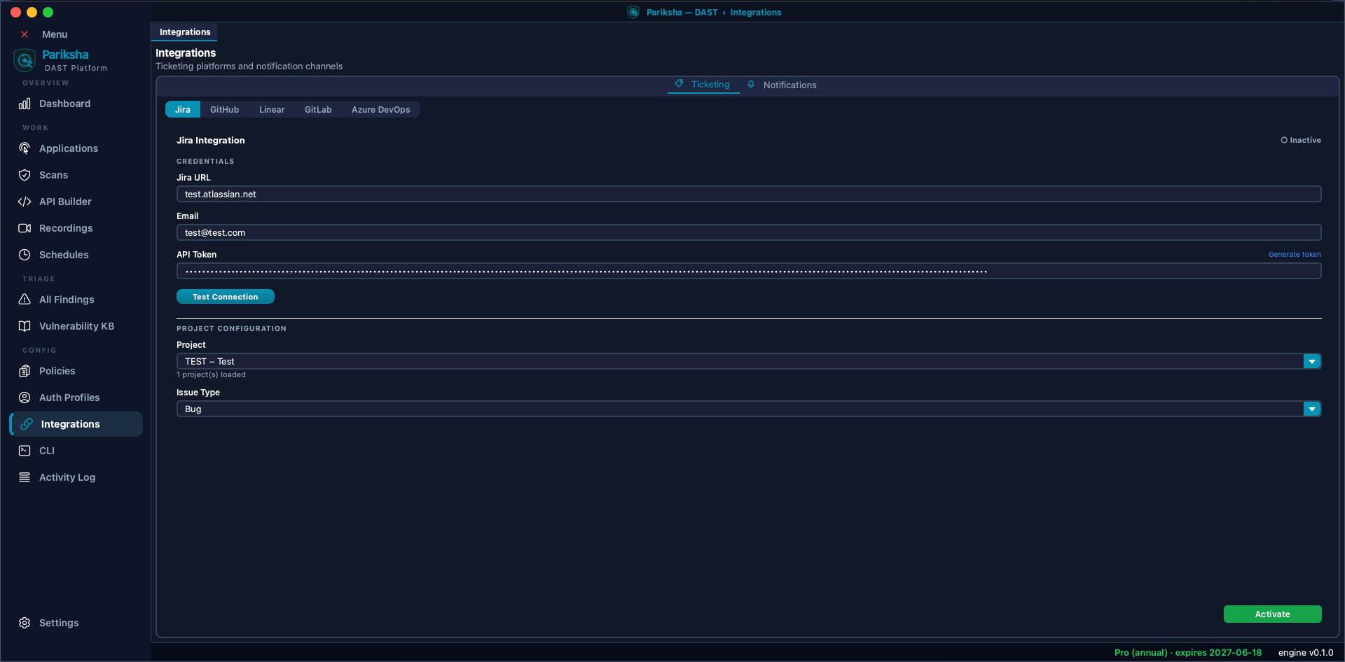 Vooki Pro Integrations screen with the Ticketing tab open and Jira selected, showing the Jira URL, email and API token credential fields, a Test Connection button, and Project and Issue Type dropdowns