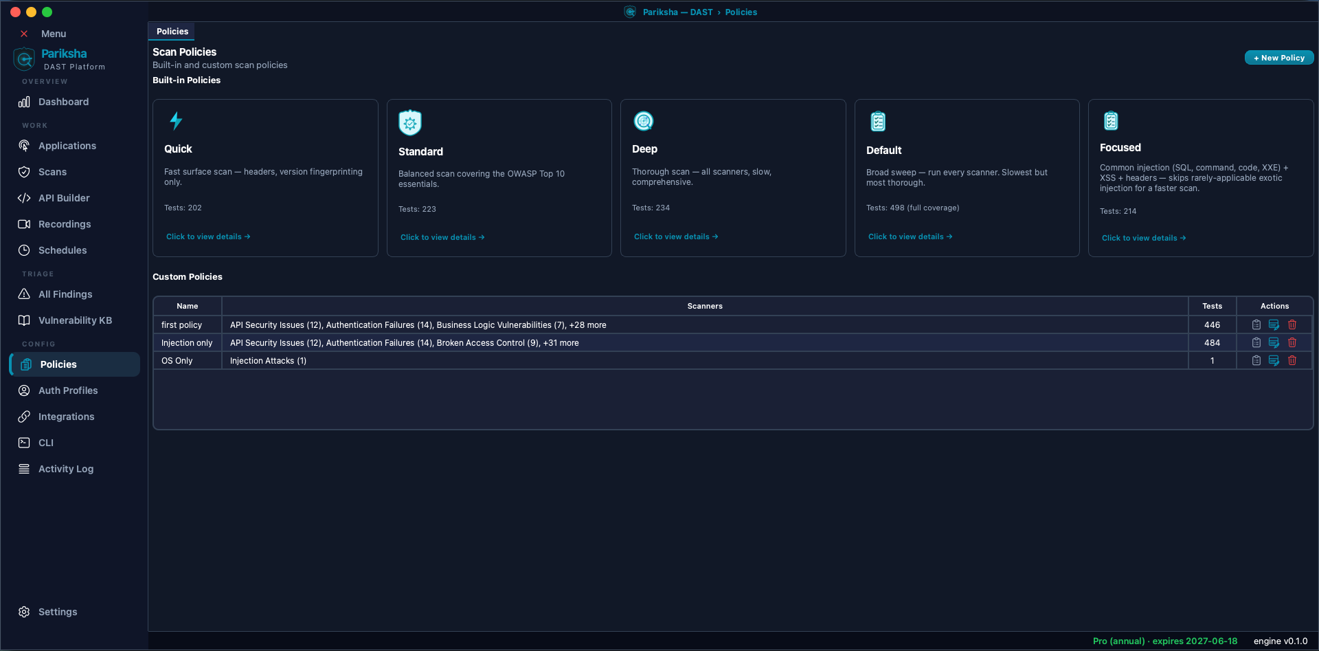 Vooki Pro Scan Policies screen showing the five built-in policies - Quick, Standard, Deep, Default and Focused - each with its test count, above a table of user-created custom policies
