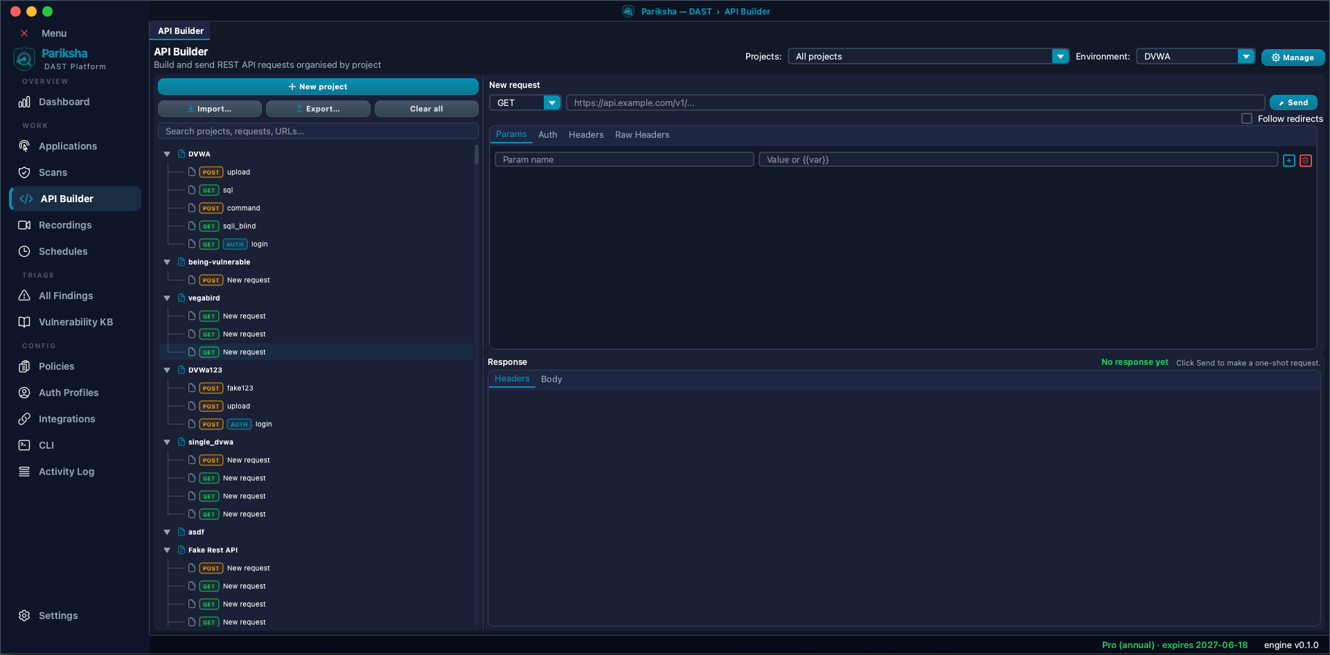 Vooki Pro API Builder with a project tree of saved requests on the left, a request editor showing method, URL, params, auth and headers tabs, and a response pane below