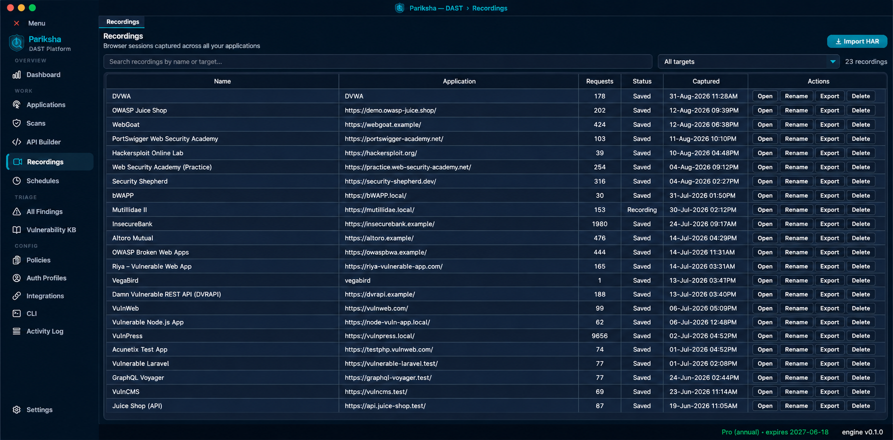Vooki Pro Recordings library listing captured browser sessions with their application, request count, status and capture date, plus per-row Open, Rename, Export and Delete actions