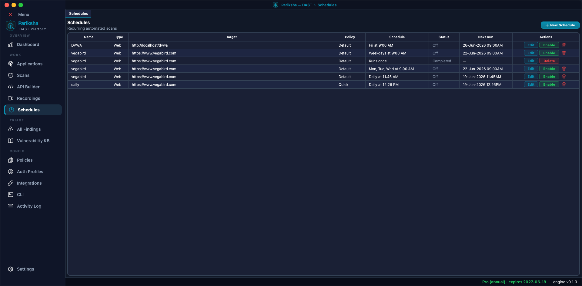 Vooki Pro Schedules screen listing recurring scans with target, policy, schedule expression, status and next run time, plus Edit, Enable and Delete actions