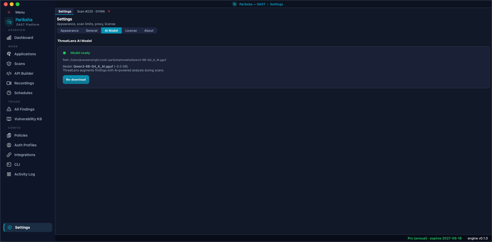 Vooki Pro Settings screen on the AI Model tab showing ThreatLens model ready, the model filename Qwen3-8B-Q4_K_M.gguf at about 5 GB, its path on disk and a Re-download button